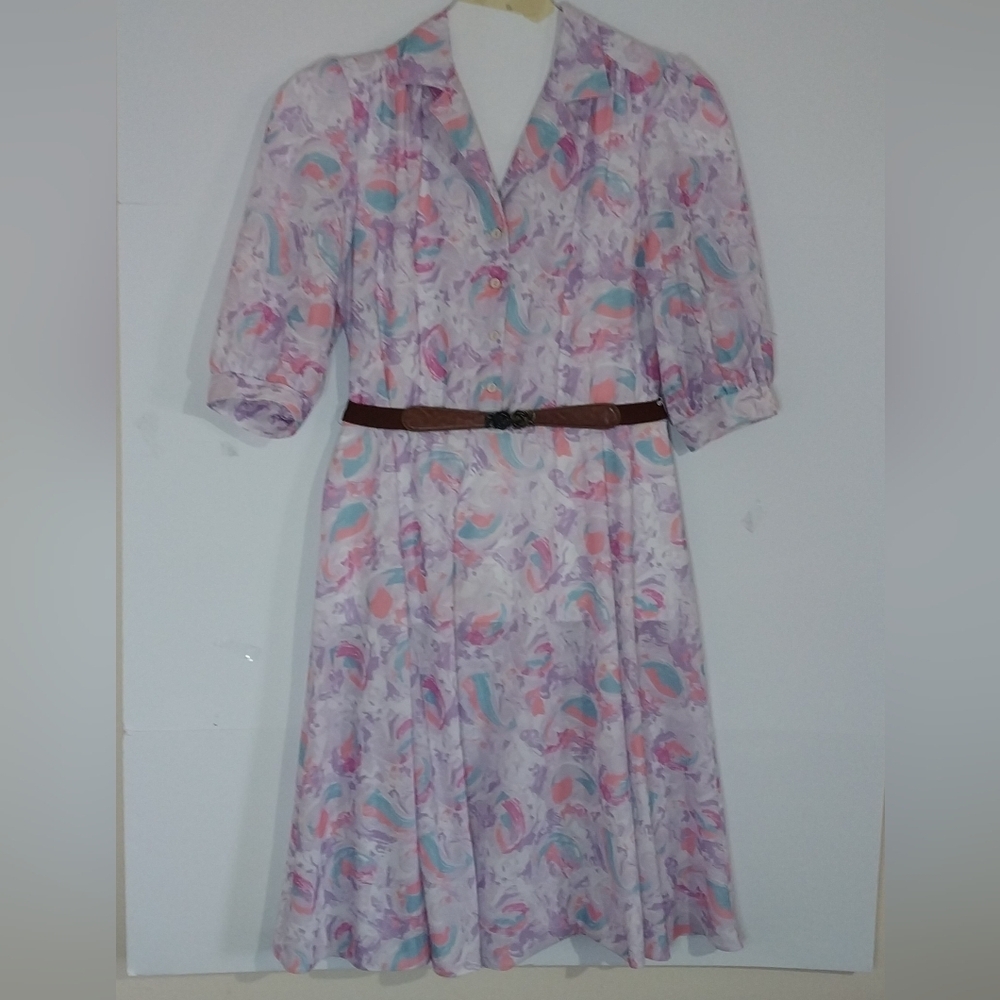 Vintage Pastel Patterned Midi Dress Made In U.S.A. Polyester